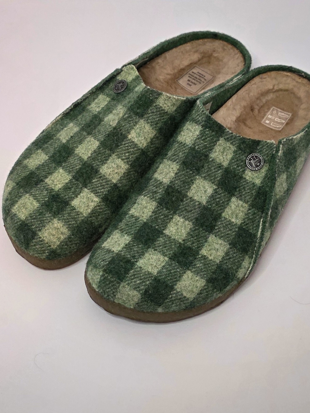 Birkenstock Zermatt Rivet Shearling Clogs — Green Plaid Wool — EU 42